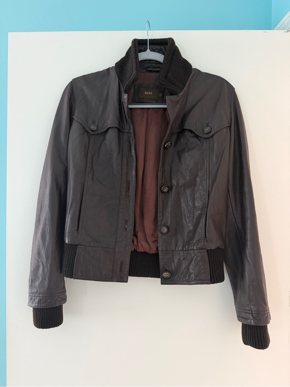 Reiss Chocolate Leather Bomber Jacket M